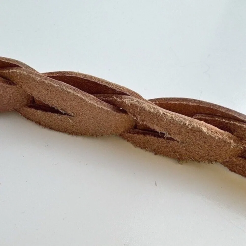 Tan Braided Leather Skinny Belt Silver Buckle Boho Cinch Waist Casual Chic 47-77